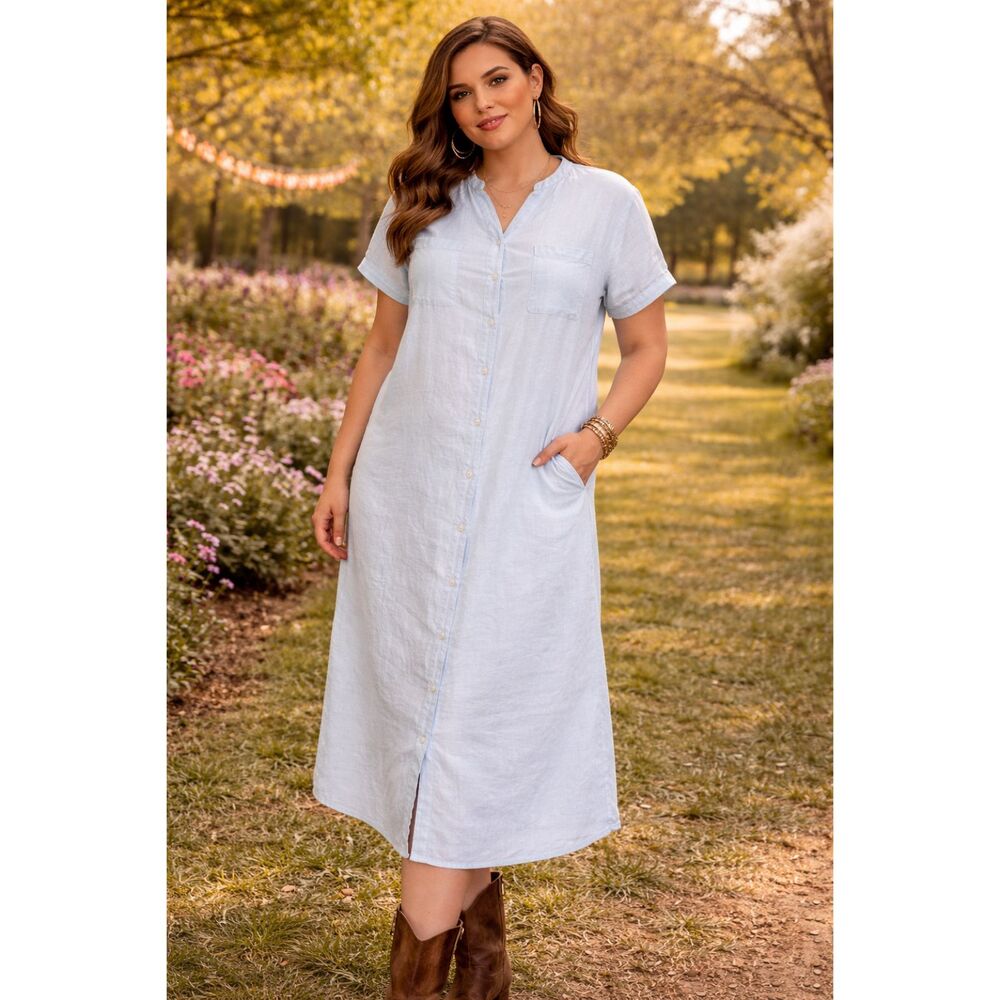 Pure Navy Linen Teal Button Down Midi Shirt Dress Pockets Beachy Coastal Size S